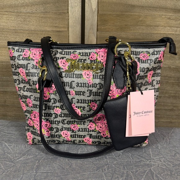 Juicy Couture Handbags - Juicy Couture Day to Date Tote Bag Pink Bloom Black Floral Monogram Shopper NEW